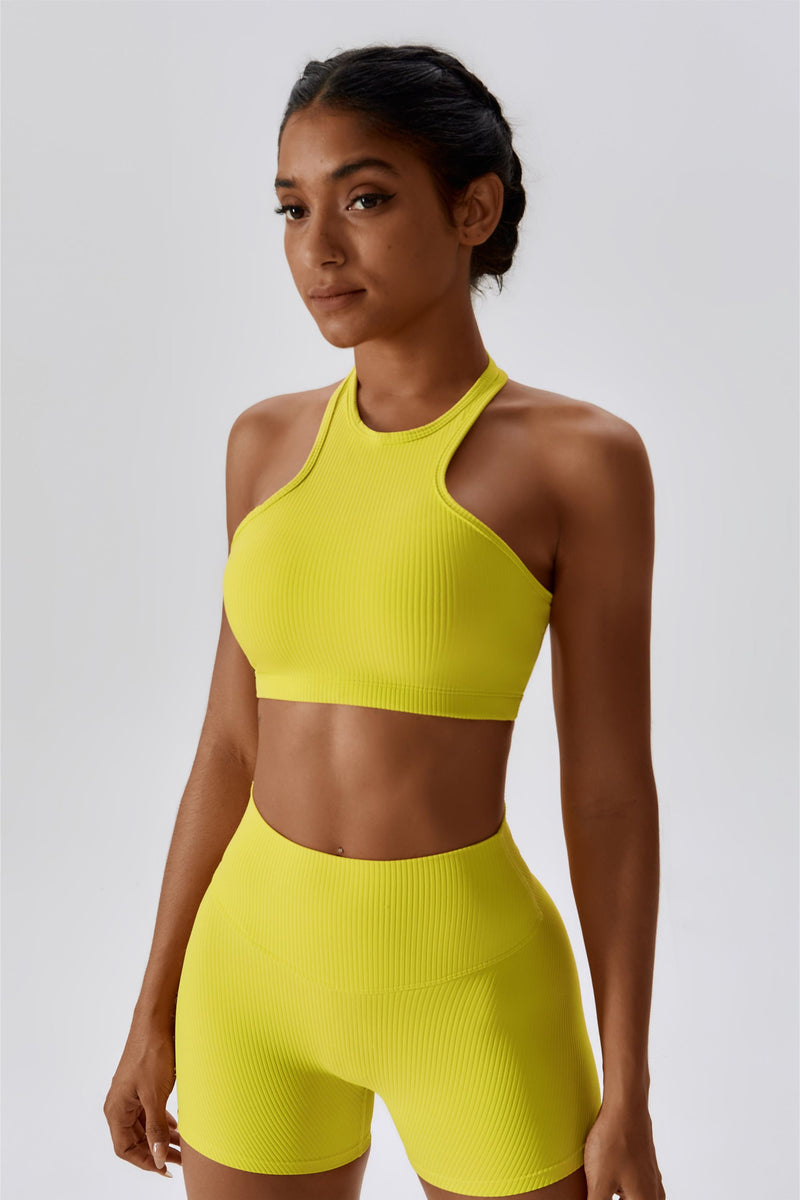 Button Front Backless Halter Neck Sports Bra