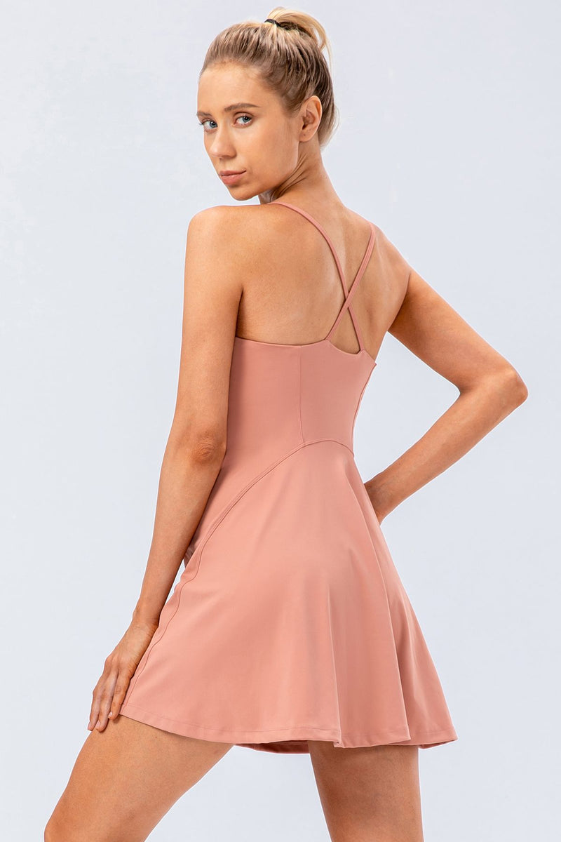 Spaghetti Straps Crisscross Back Tennis Dress with Built in Shorts