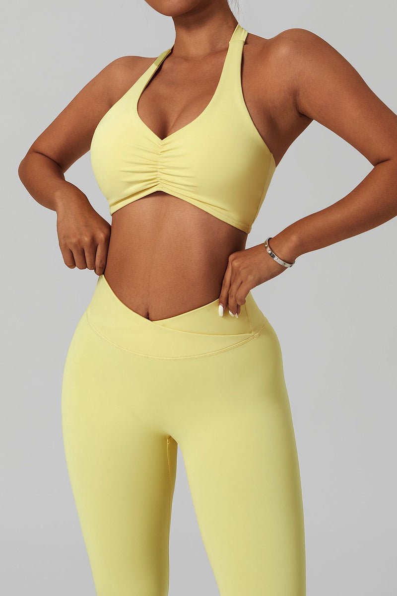 Front Ruched Halter Backless Sports Bra