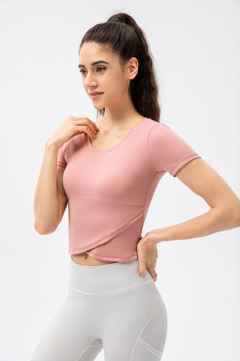 Women's Twist Front Short Sleeve Crop Top with Built in Bra Zioccie