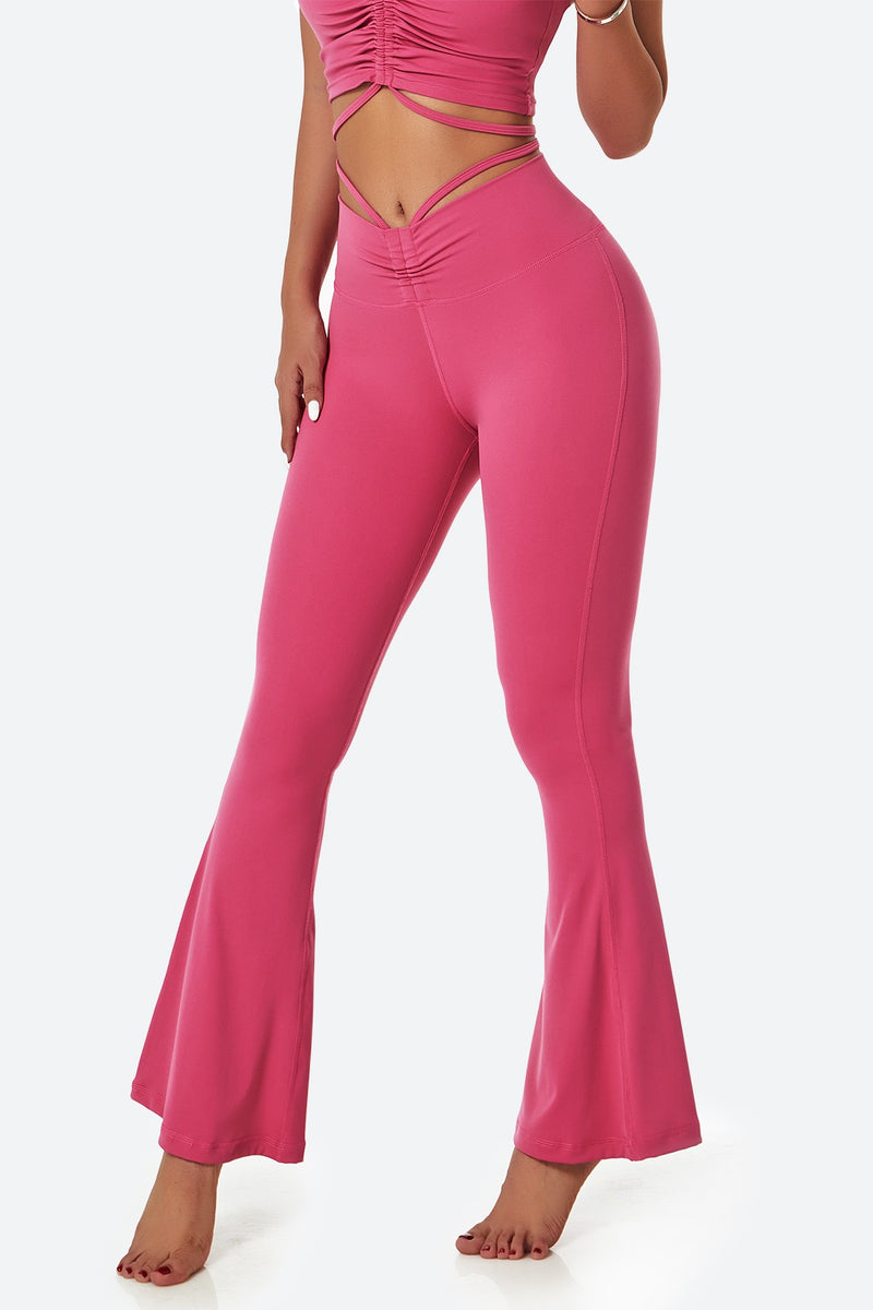 Ruched Front Waist Tie Detail Crossover Flare Leggings For Women