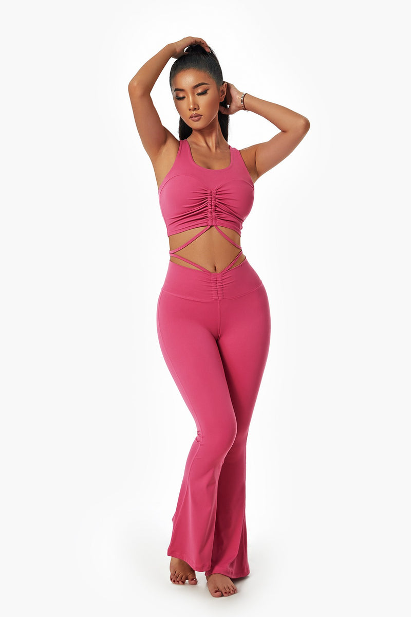 Ruched Front Waist Tie V-Cut Flared Leggings