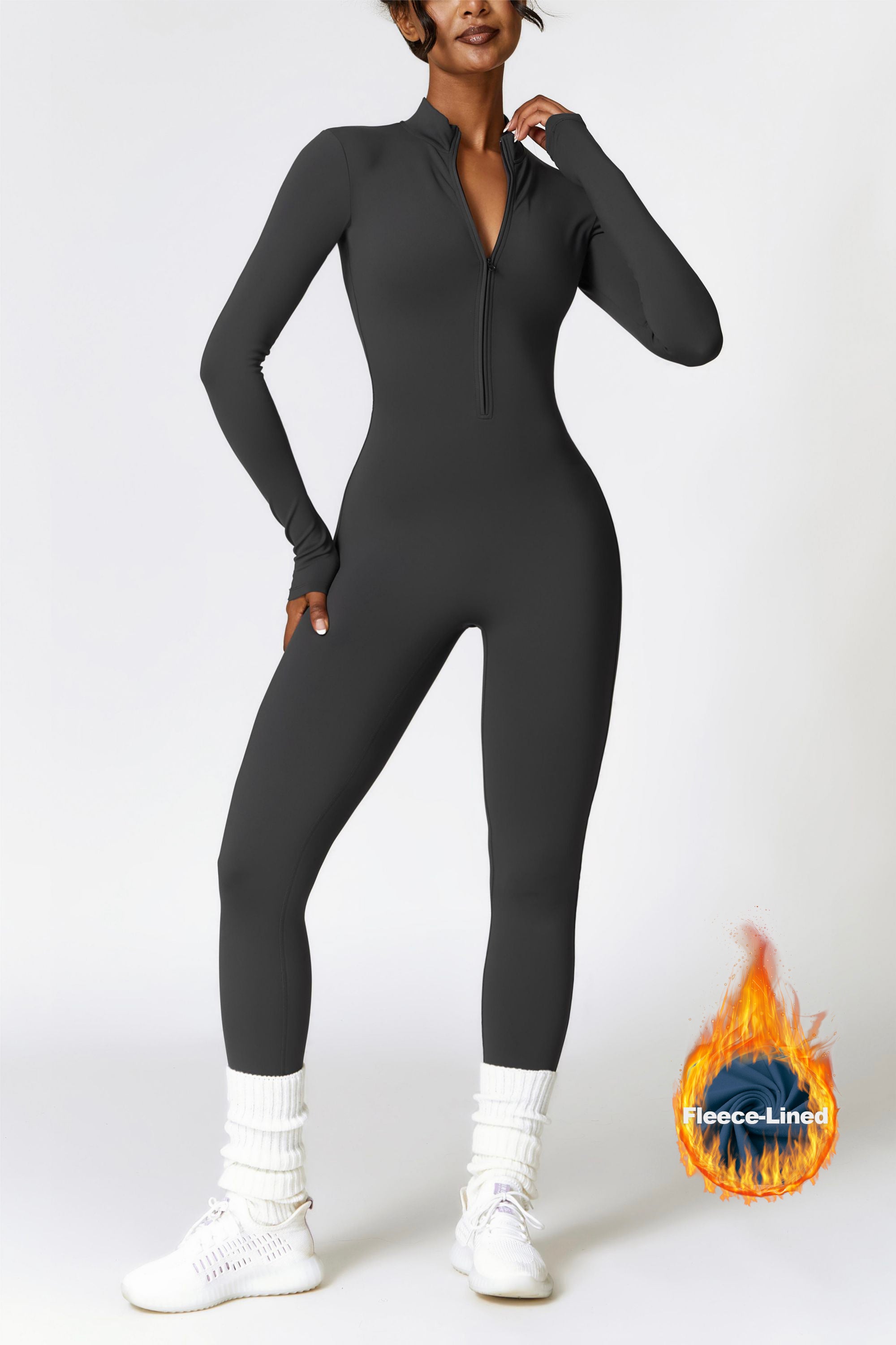 Fleece-Lined Long Sleeve Half-Zip Active Jumpsuit – Zioccie