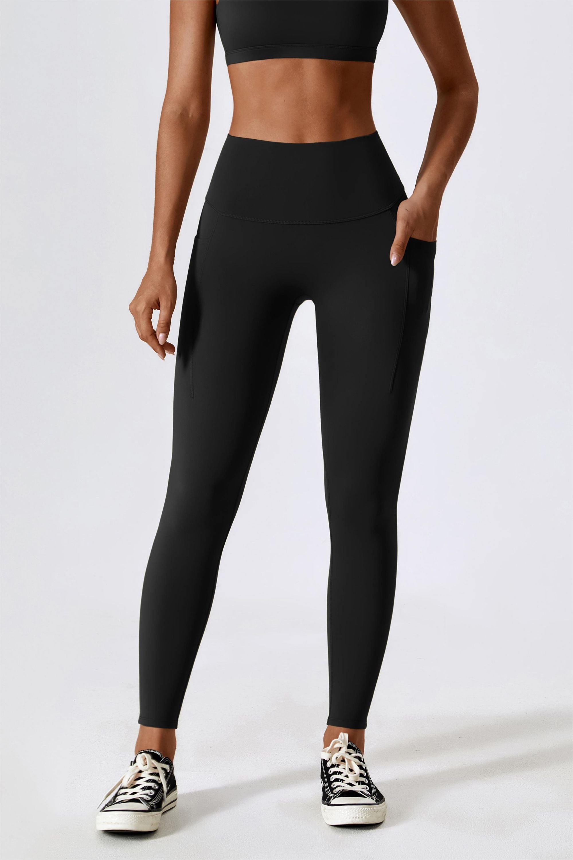 Zipper Design High Waist Tummy Control Yoga Pants Women Black