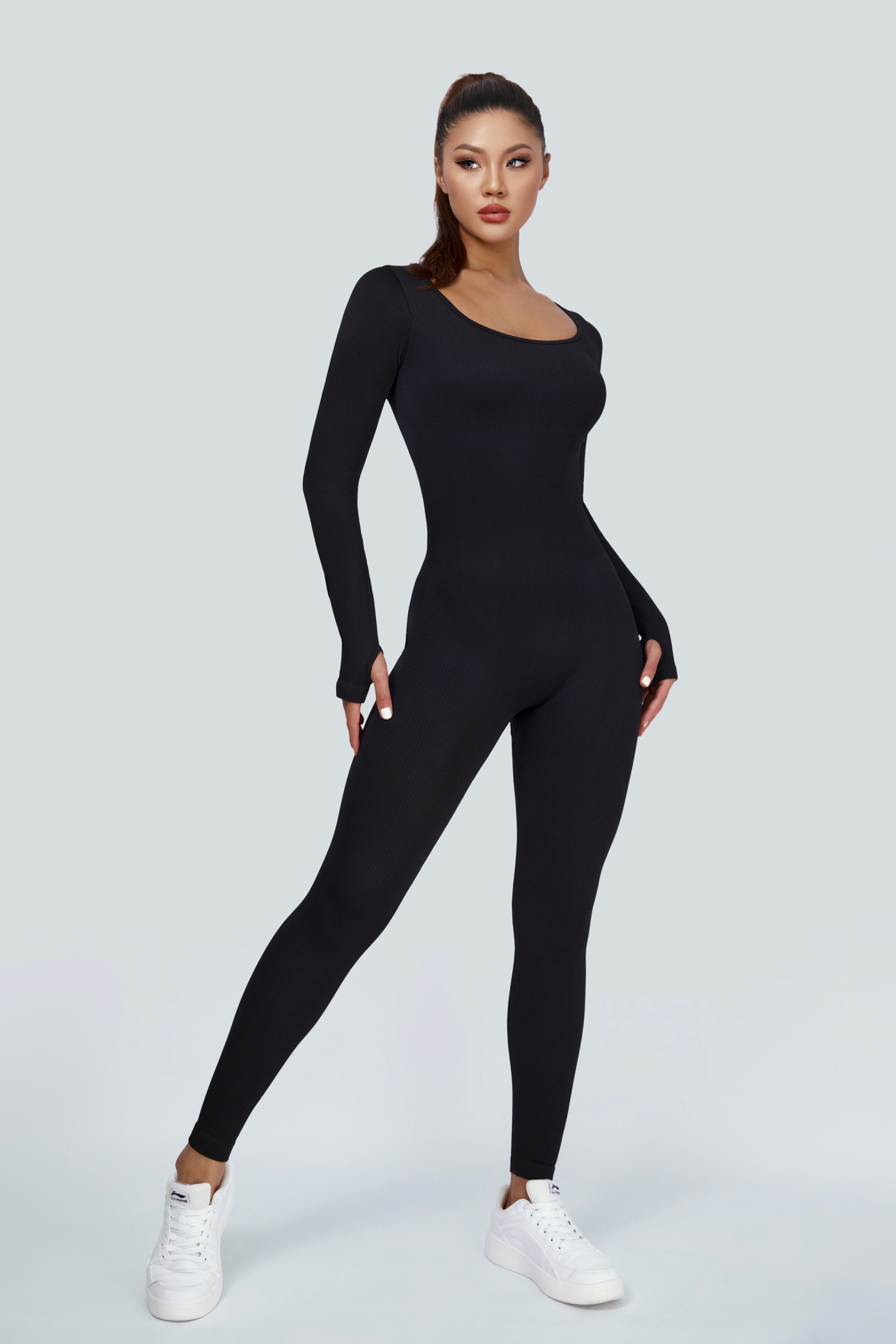 solacol Womens Ribbed Jumpsuits Ribbed Workout Rompers Long Sleeve