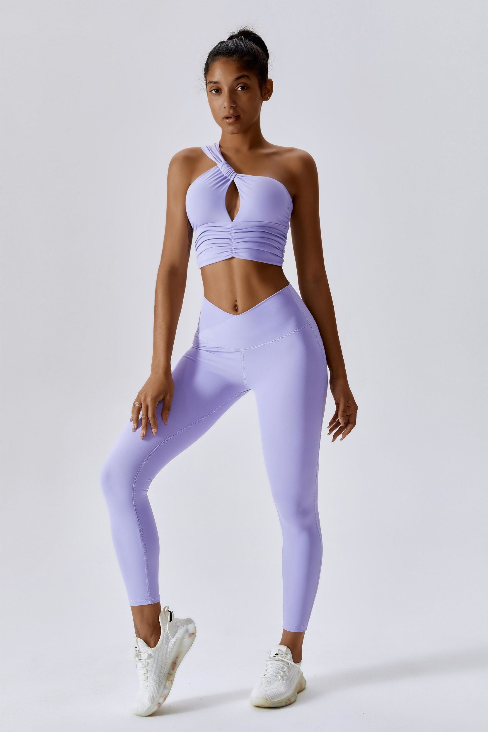 One Shoulder Lace Up Sports Bra and Leggings Set in Lilac