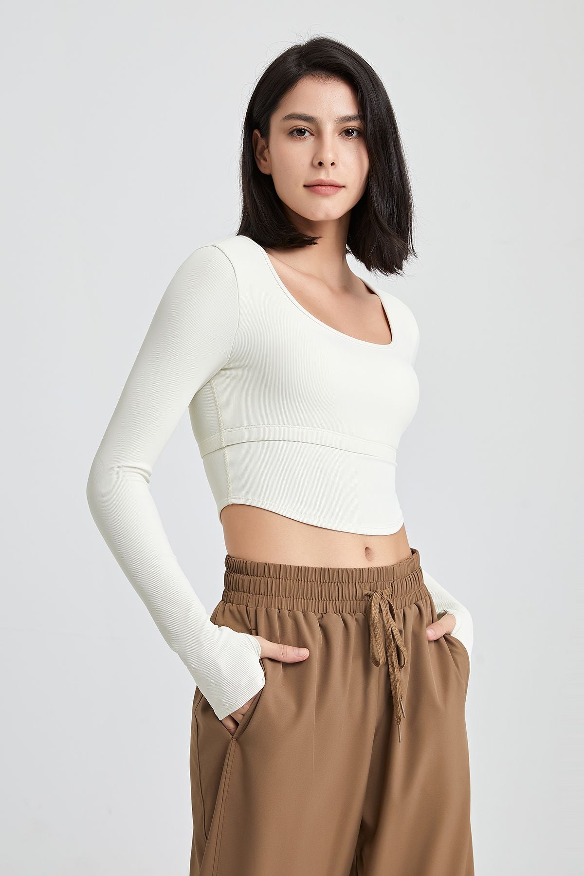 Ribbed Long Sleeve Crop Shirts with Built In Bra for Women – Zioccie