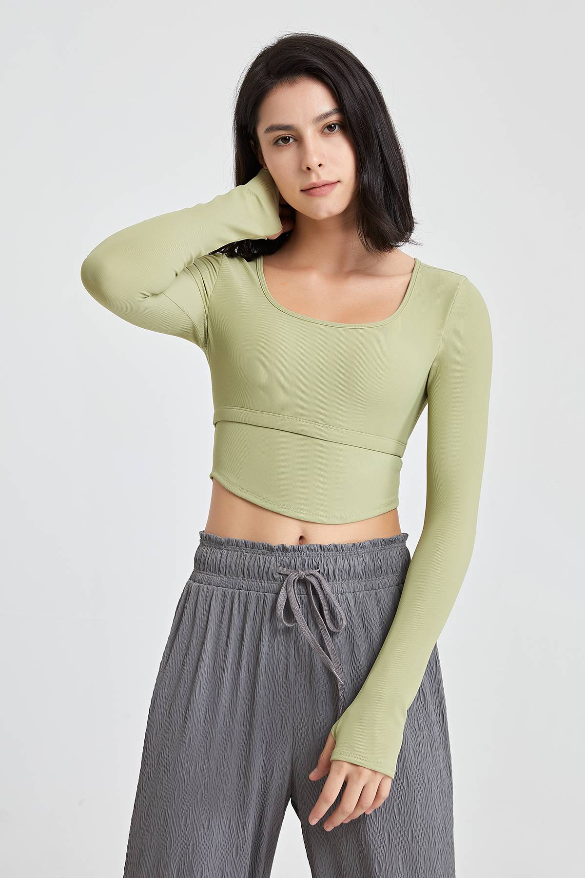 Ribbed Long Sleeve Crop Shirts with Built In Bra for Women – Zioccie