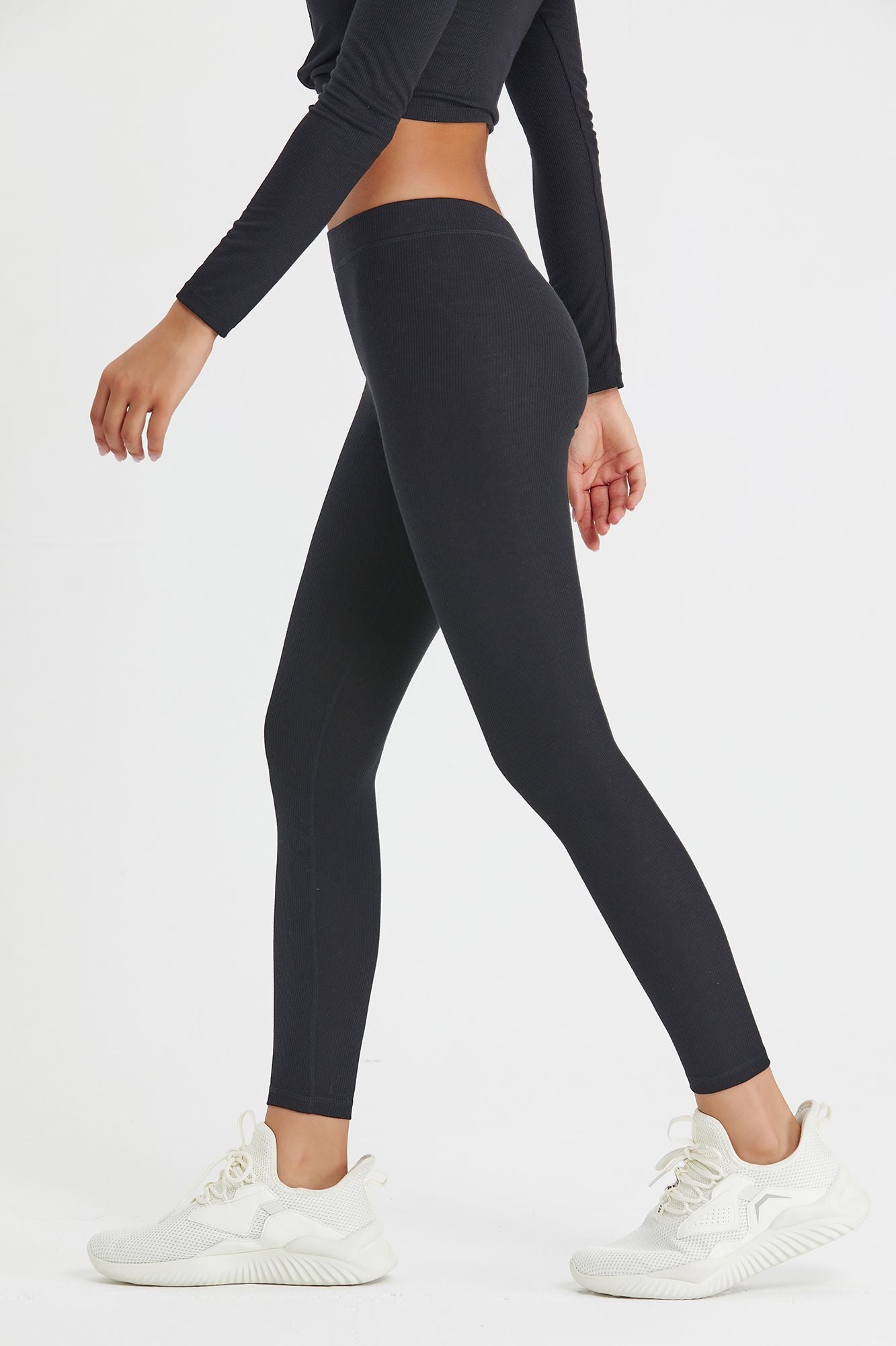 Women's Ribbed Mid-Waist Tummy Control Workout Front Seam Leggings