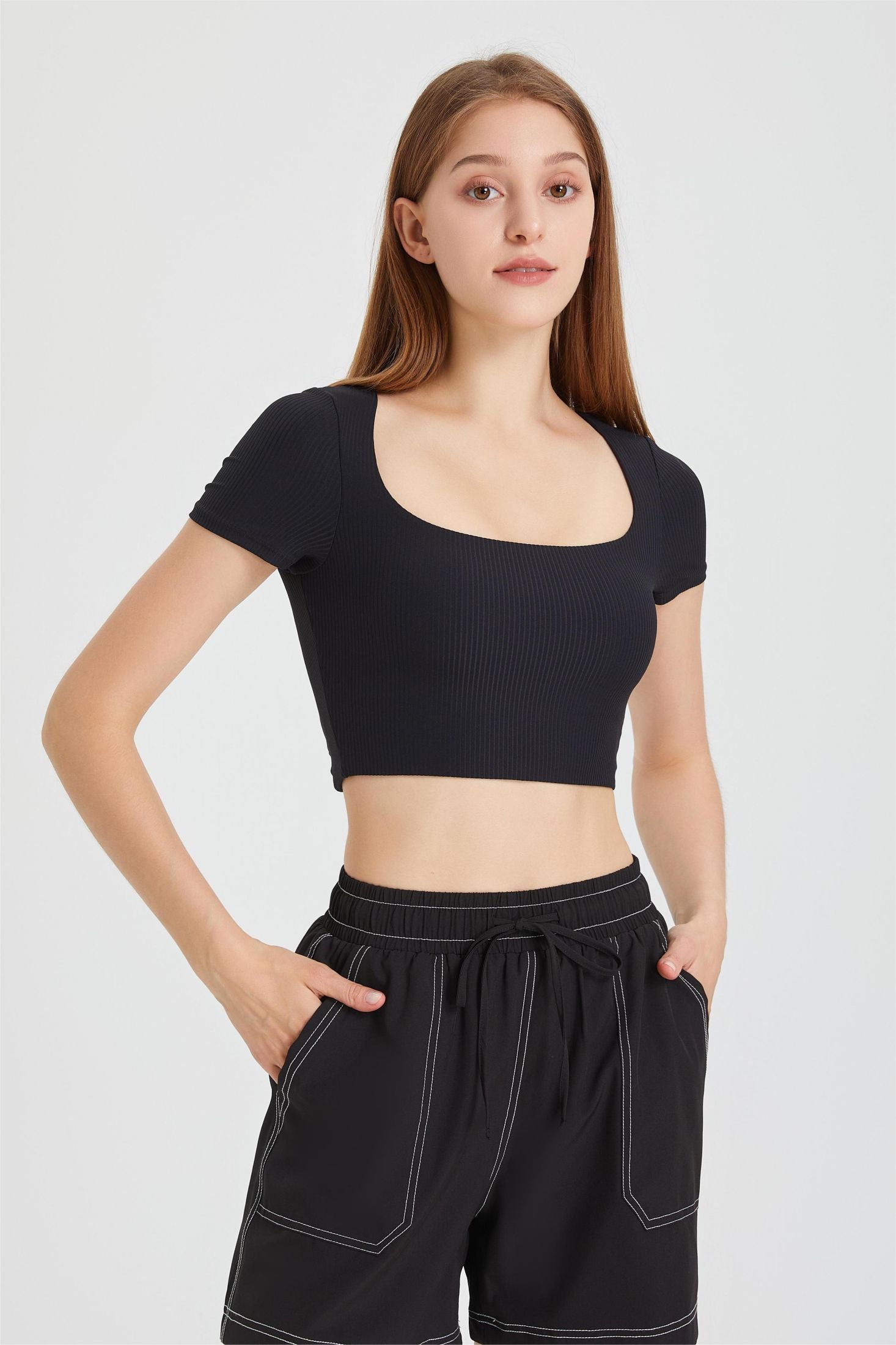 Ribbed Short Sleeve Crop Tops with Built-In Bra For Women – Zioccie