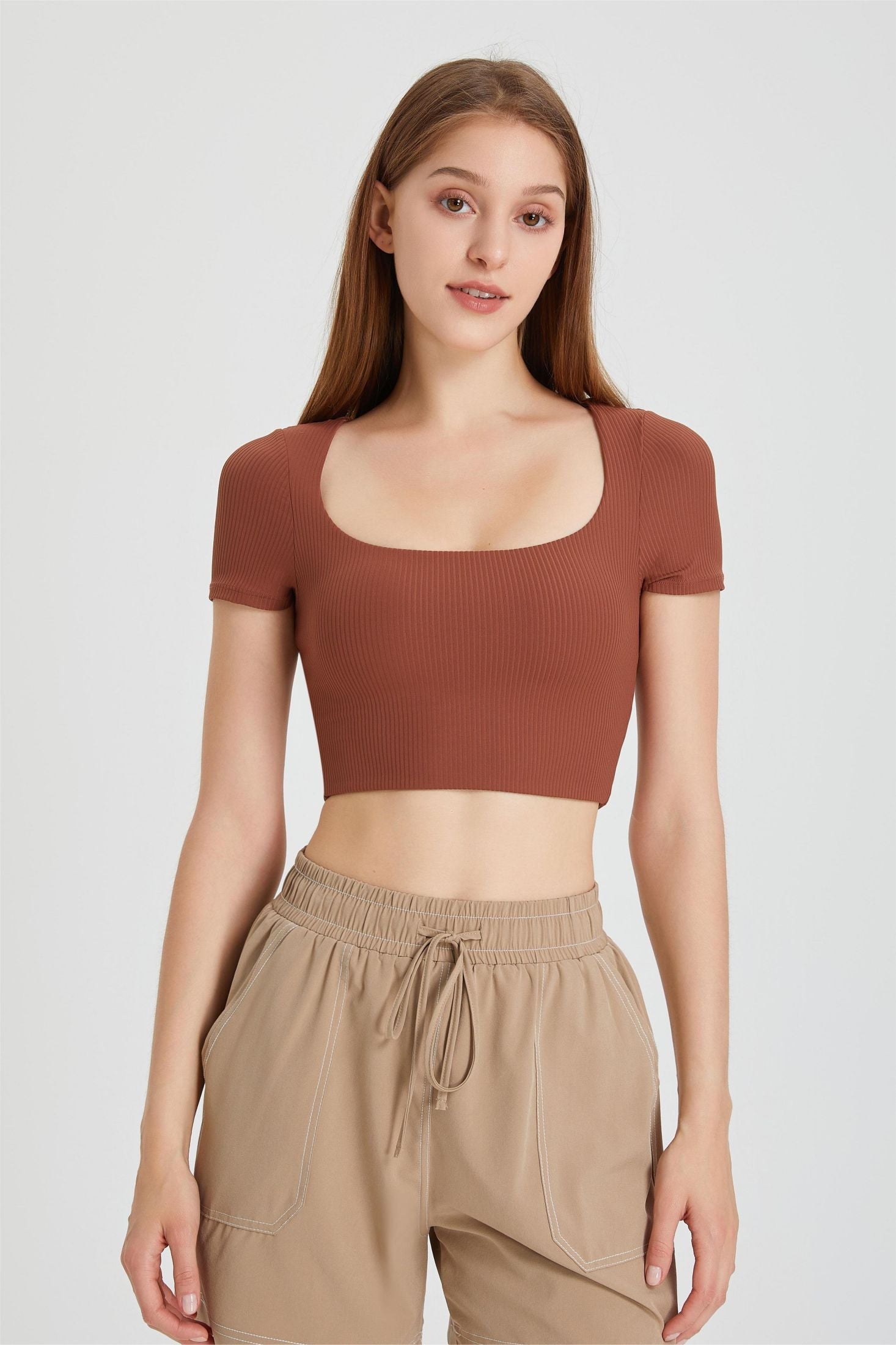 Ribbed Short Sleeve Crop Tops with Built-In Bra For Women – Zioccie