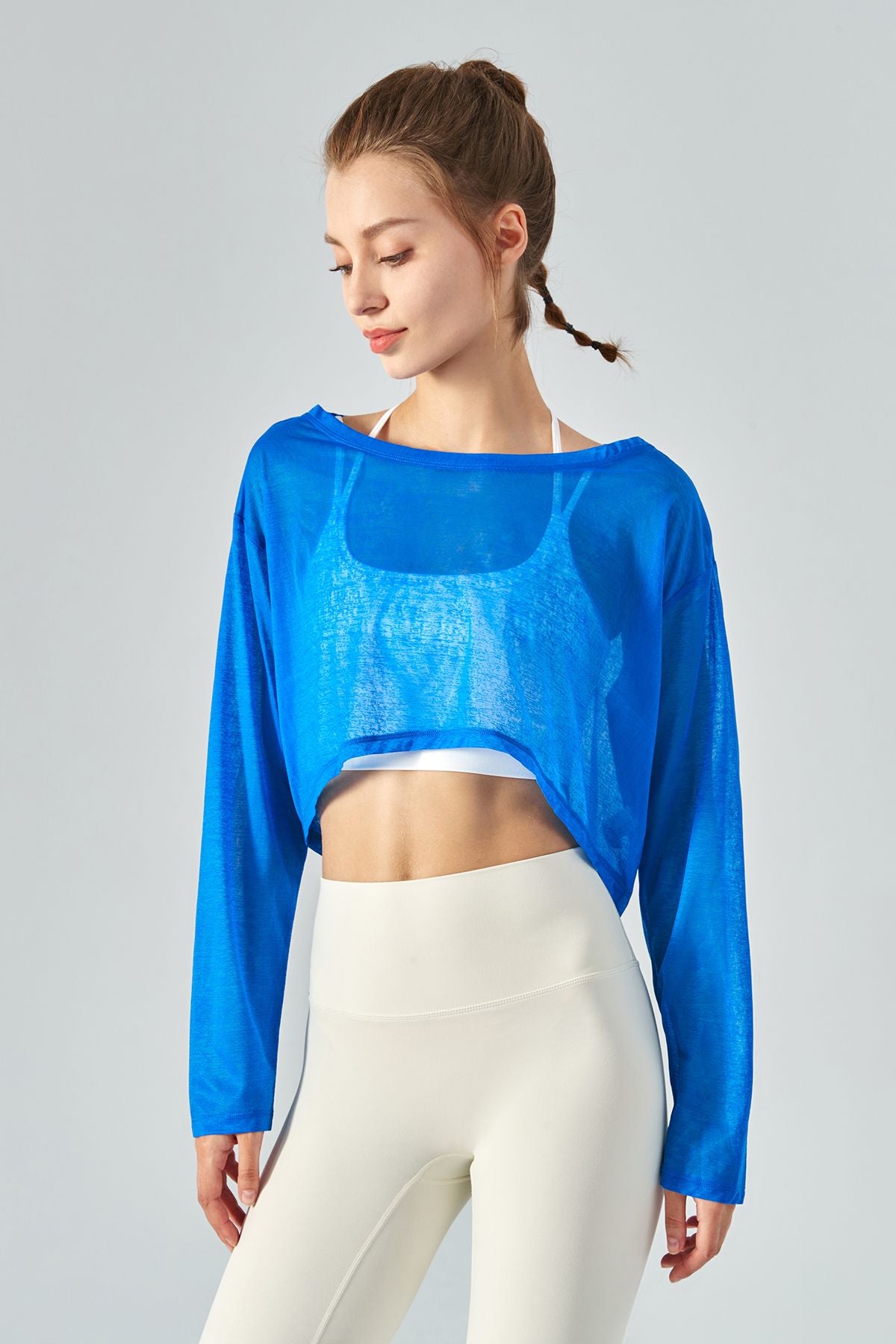 Women's Sheer Mesh Crop Top – Long Sleeve, Stretchy, Pleated – UK Size 8-14 – Made In UK