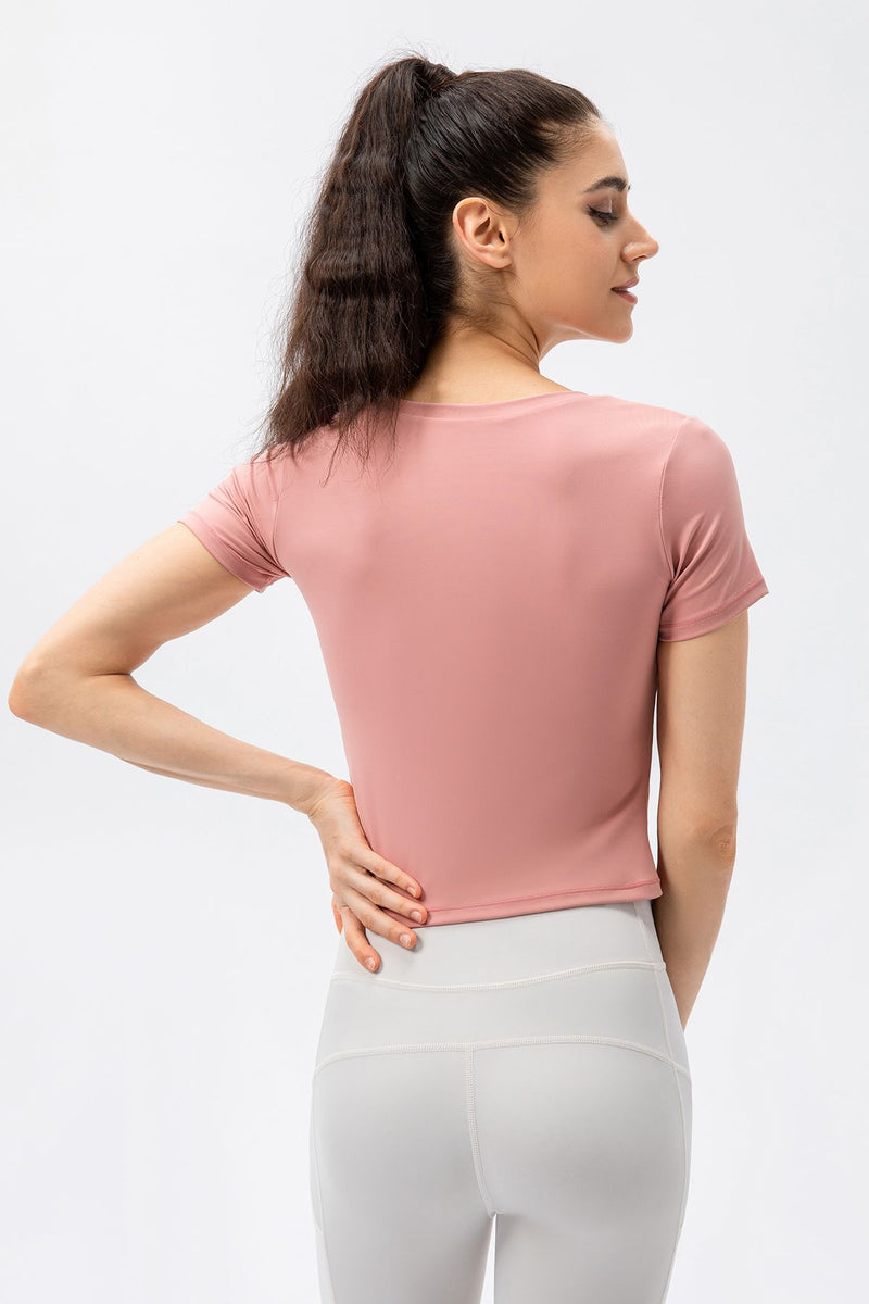 Women's Twist Front Short Sleeve Crop Top with Built in Bra Zioccie