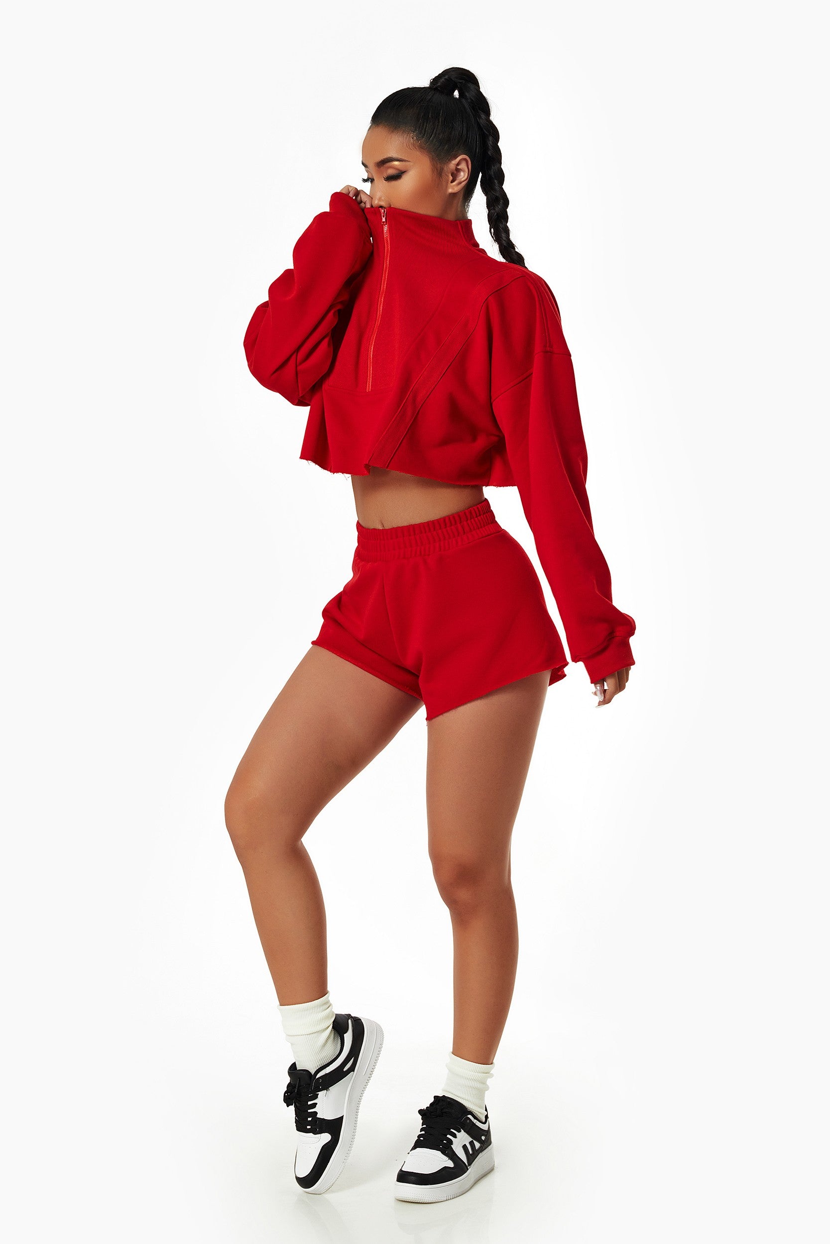 Women's Crop Half Zip Sweatshirt and Mini Sweat Shorts Athleisure 