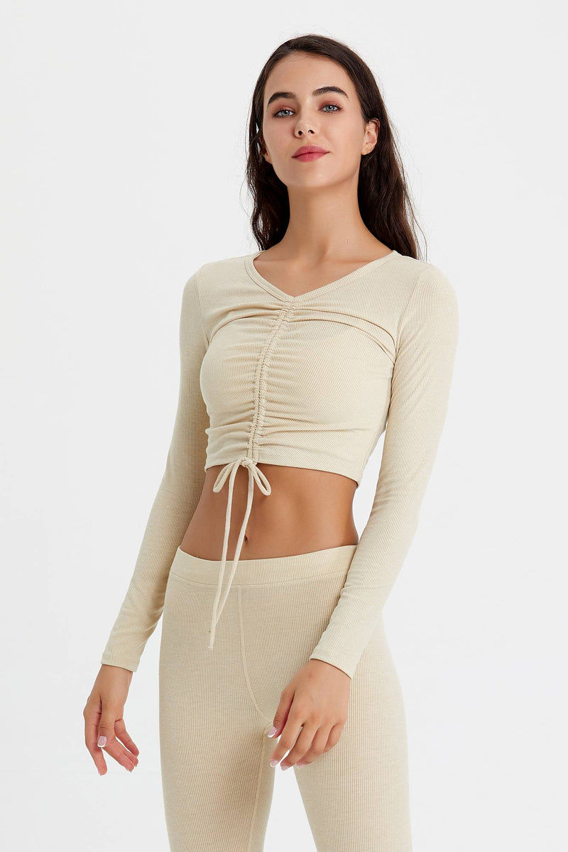 Womens Ribbed Long Sleeve Ruched-Front Tunic Crop Top For Workout – Zioccie