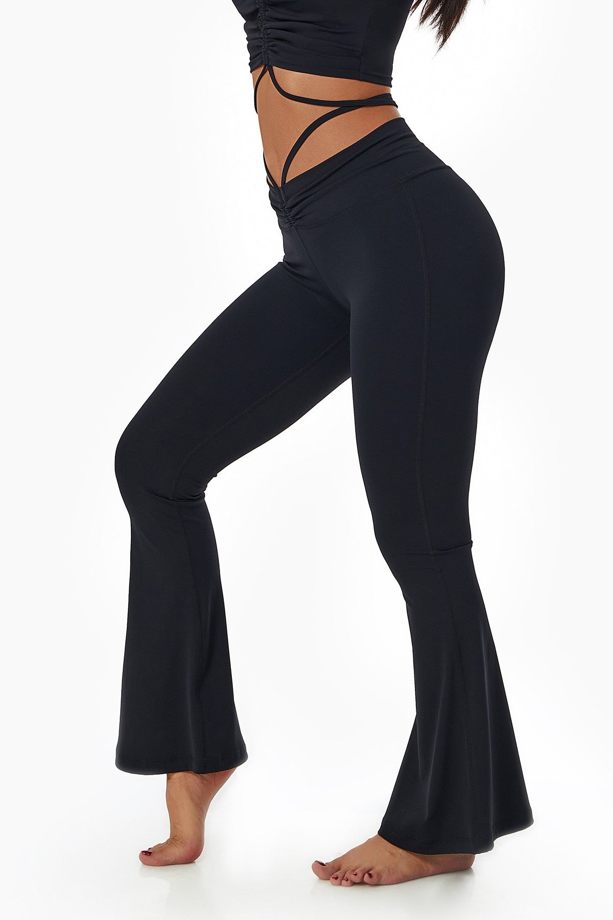 Ruched Front Waist Tie Detail Crossover Flare Leggings For Women – Zioccie